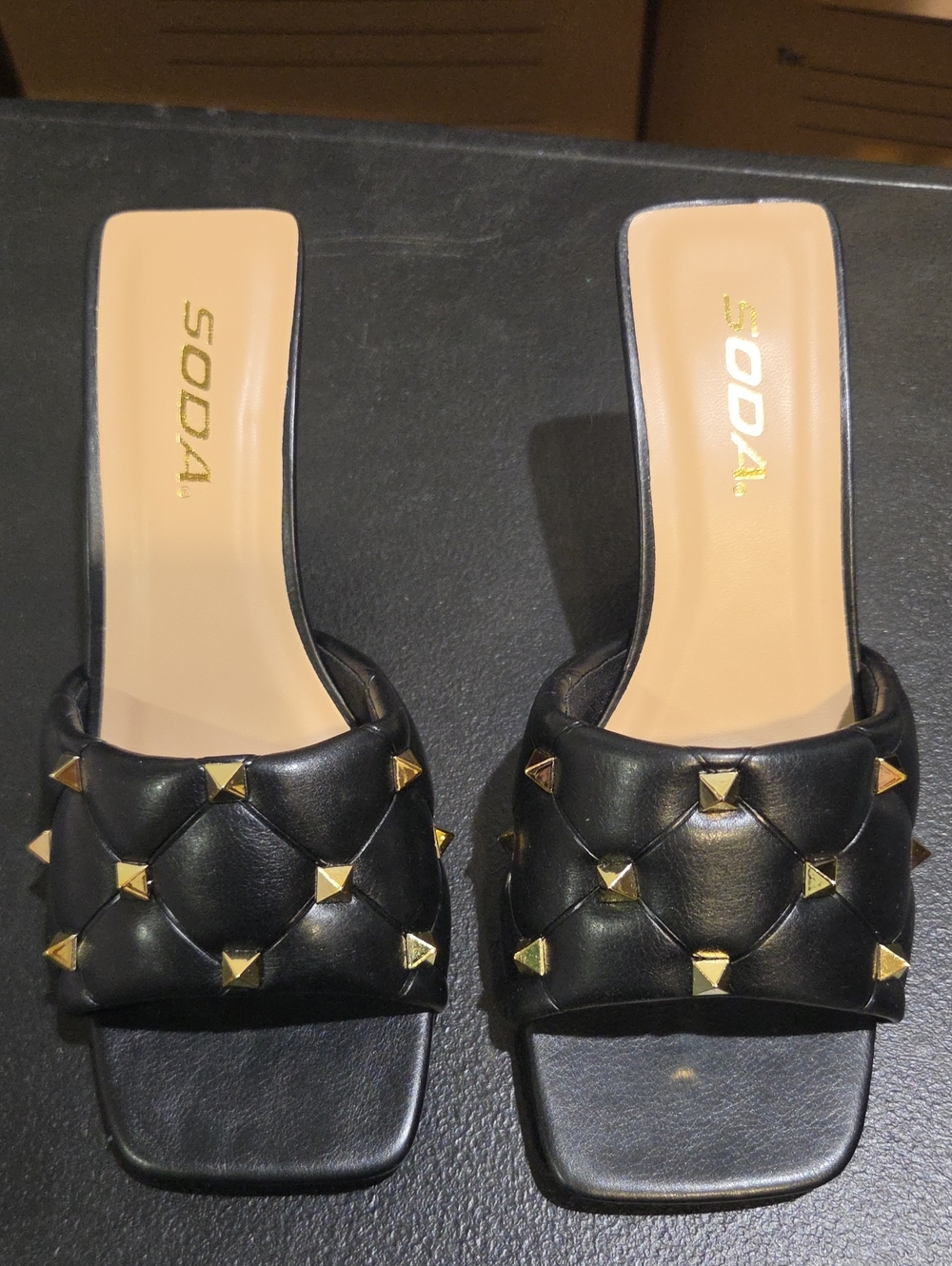 SODA Black Quilted Slide Sandals with Gold Pyramid Studs